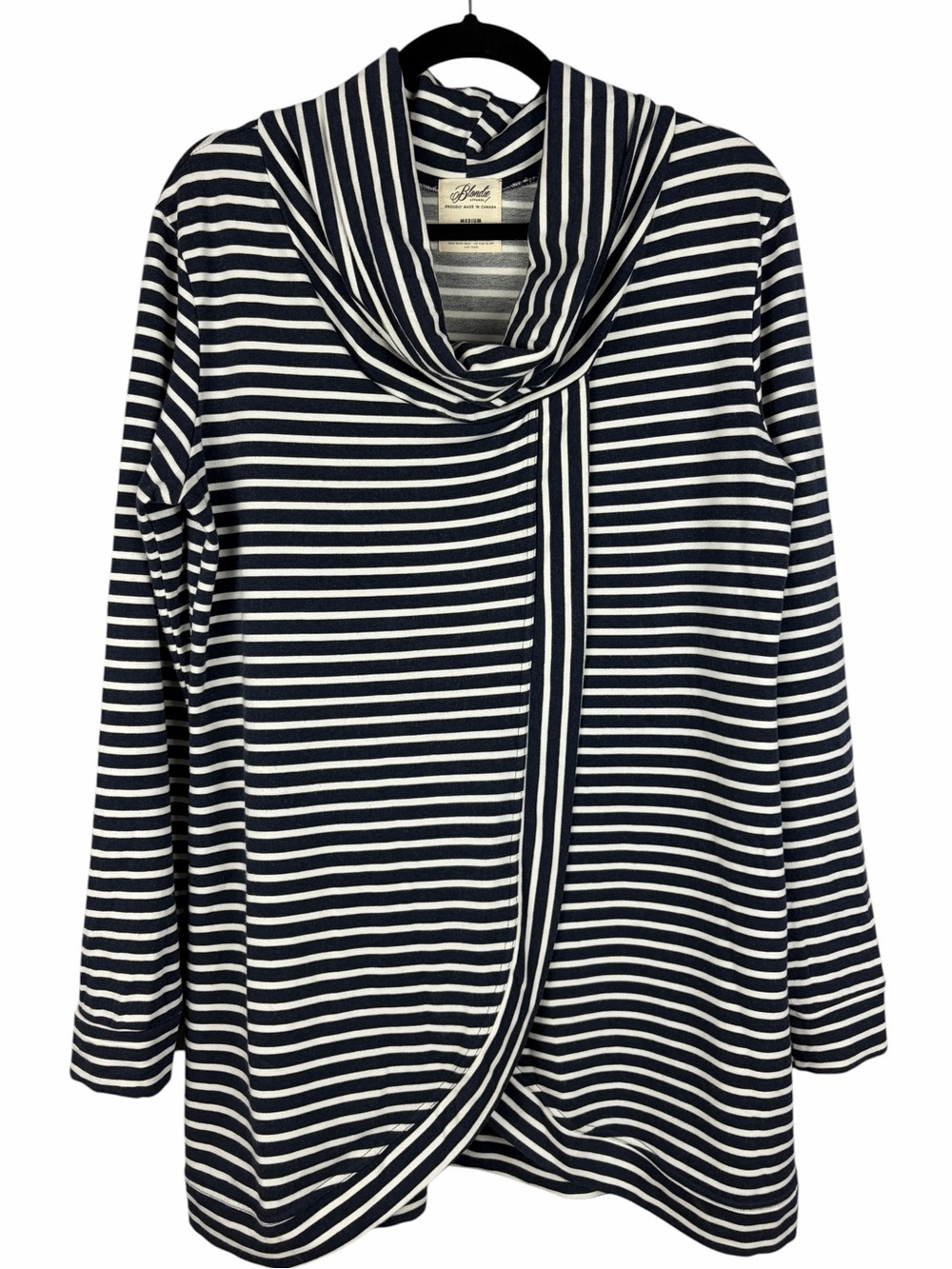 Blondie Apparel Navy White Stripe Bamboo Wrap Tunic Top Cowl Neck Made in Canada